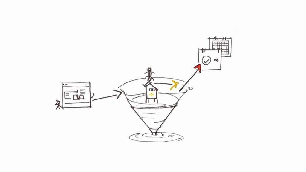 Hand-drawn sketch illustrating website traffic flowing into a conversion funnel, leading to business outcomes.