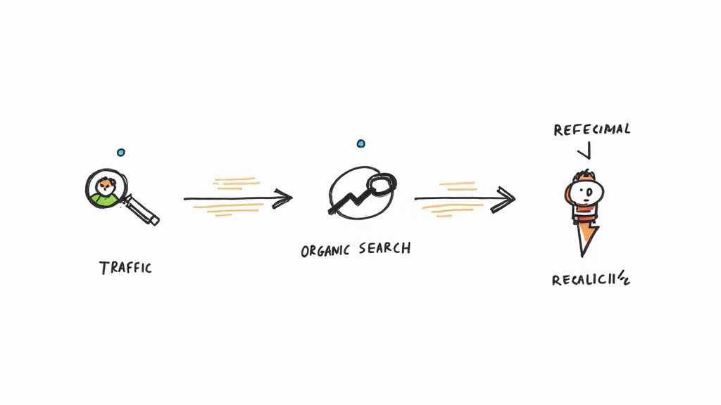 A hand-drawn diagram illustrating the flow from website traffic through organic search to a final conversion outcome.