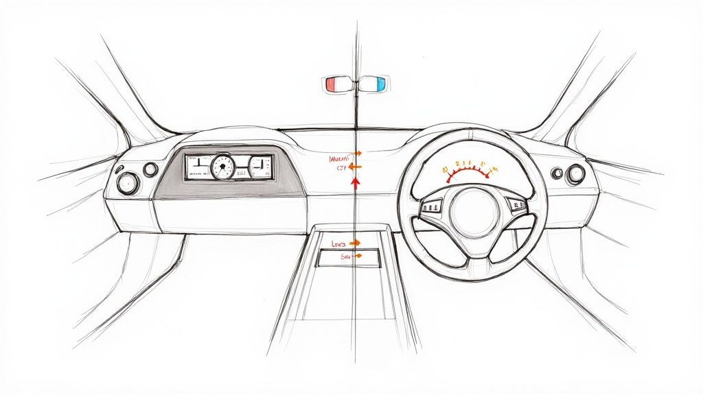 Front view sketch of a car interior with dashboard, steering wheel, and center console details.
