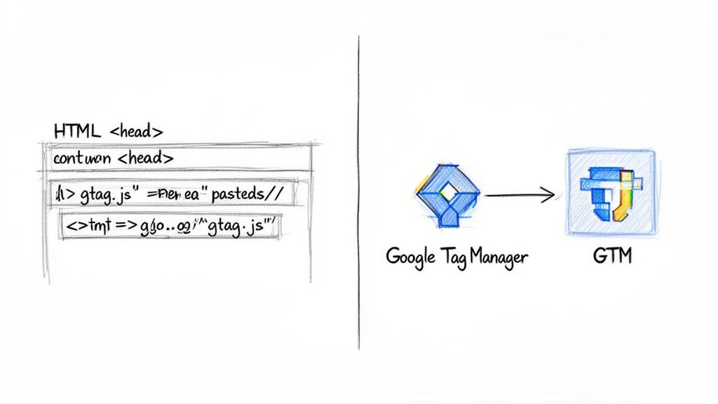 Sketches of HTML head code snippets for gtag.js, and an illustration of Google Tag Manager (GTM).