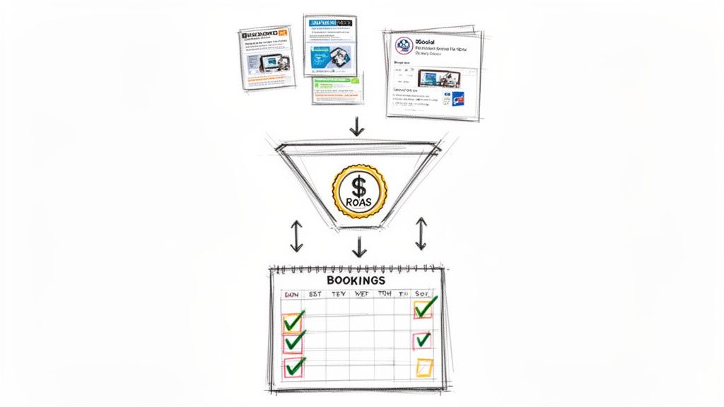 Marketing funnel illustration showing online ads leading to ROAS and successful calendar bookings.
