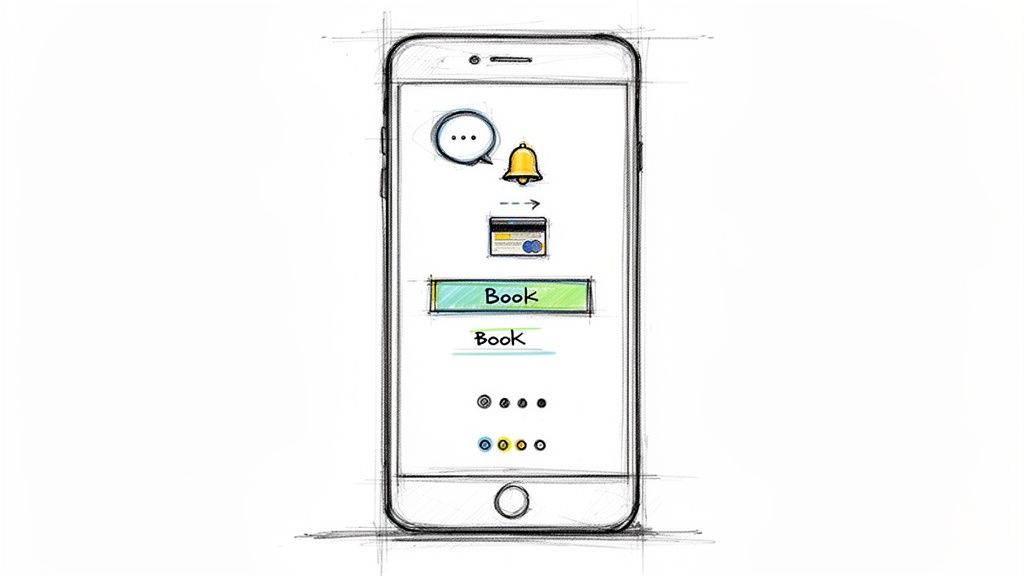 Mobile app design sketch with booking button, payment card, notification bell, and chat icon.