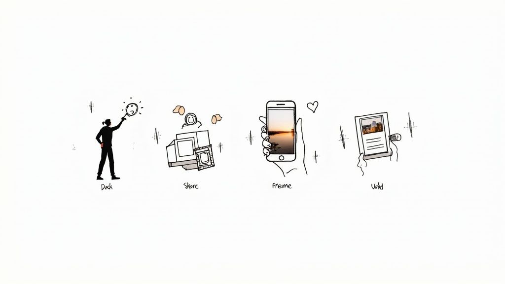 Four illustrations showing vacation rental marketing strategies: pitch, share,promote, and world outreach concepts