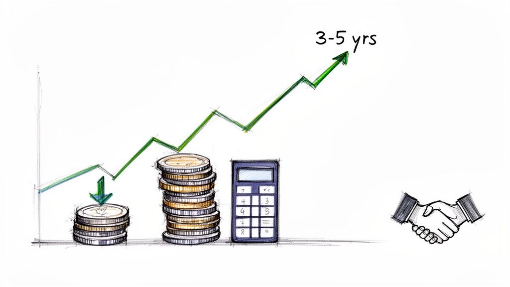 An illustration showing financial growth over 3-5 years with initial investment, a calculator, and a handshake.