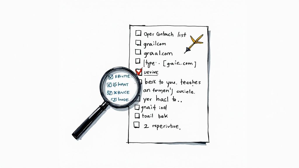 A magnifying glass inspecting a hand-drawn checklist with email-related items, showing checked sub-options.