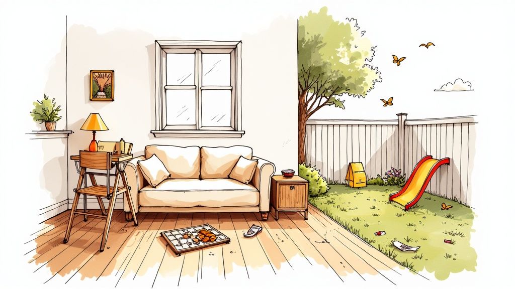 Illustration of a cozy living room connecting to a messy backyard with a slide and tree.