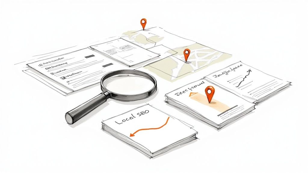 Illustration of local SEO strategy with magnifying glass, maps, location pins, and business documents.