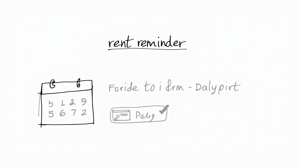 Handwritten 'rent reminder' title above a calendar icon and payment note.