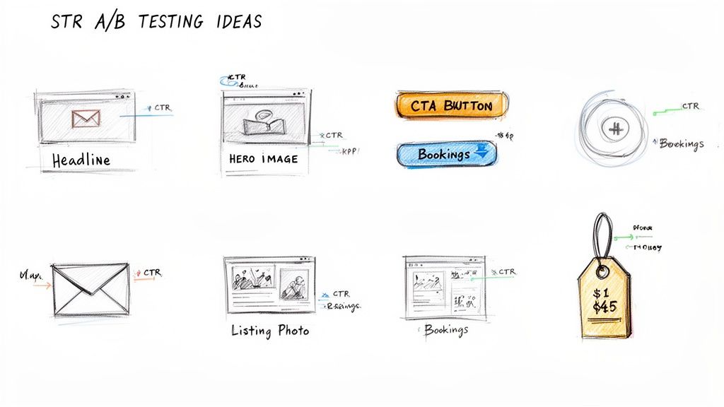 Sketches showing A/B testing ideas for marketing elements like headlines, images, buttons, and prices, with metrics.