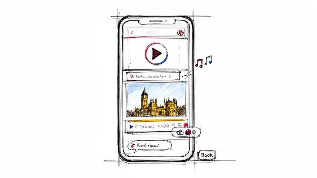 Sketch of a mobile app interface featuring video content, a historic building, and booking functionalities.