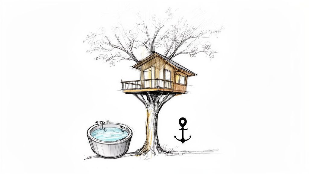 A detailed sketch illustrating a treehouse, a round hot tub, and a black anchor symbol on a white background.