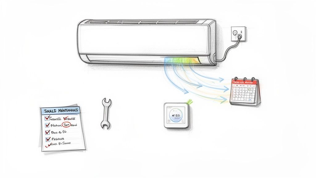 Air conditioner, smart thermostat, maintenance checklist, wrench, and calendar depicting an AC maintenance schedule.