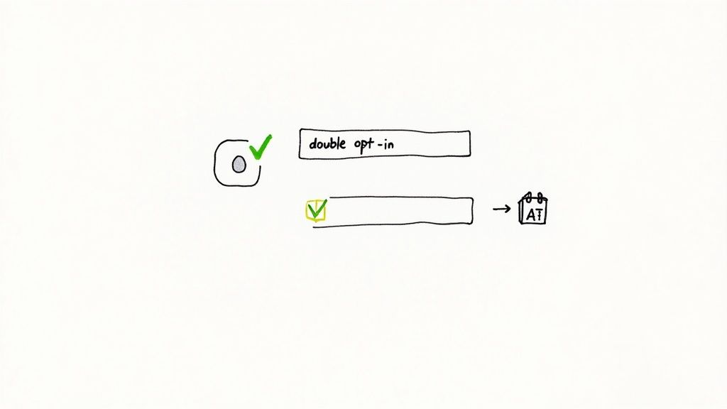 Diagram illustrating a double opt-in process with checkmarks, text fields, and a calendar icon.