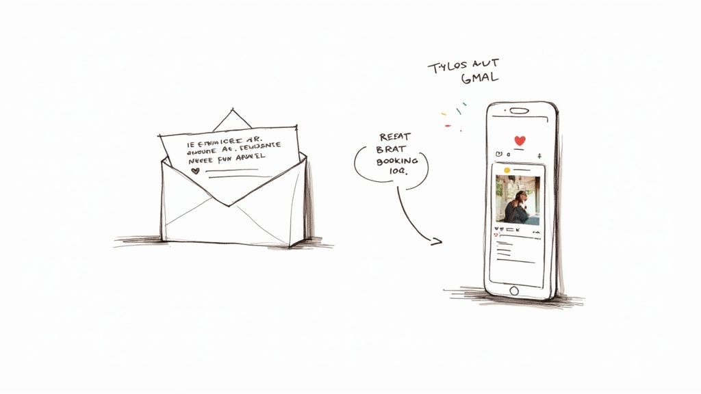 A person on a comfortable couch using a laptop to interact with social media, with travel-themed icons floating around.