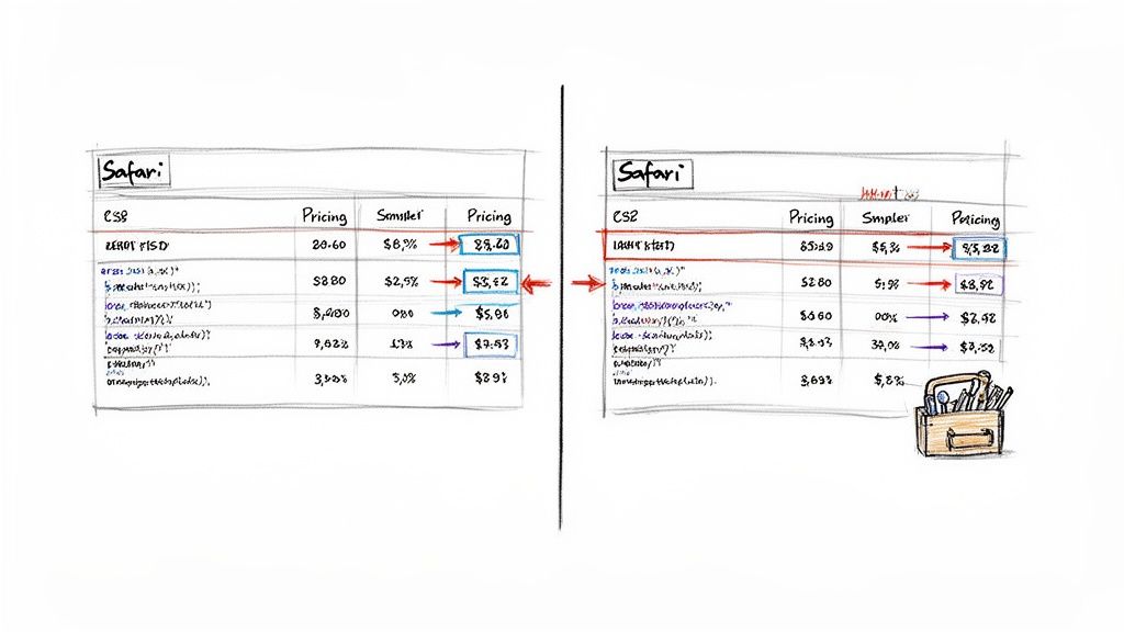 Side-by-side comparison of pricing and data tables in two Safari browser views.