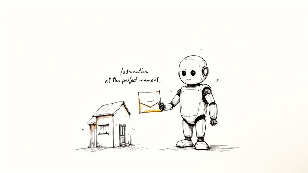 A friendly robot delivers a smiling envelope to a small house, illustrating automation at the perfect moment.