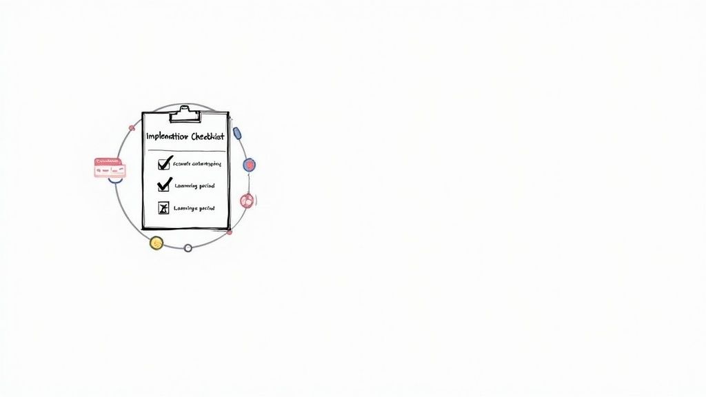 A hand-drawn checklist titled 'Implementation Checklist' with completed and pending tasks, surrounded by colorful process indicators.