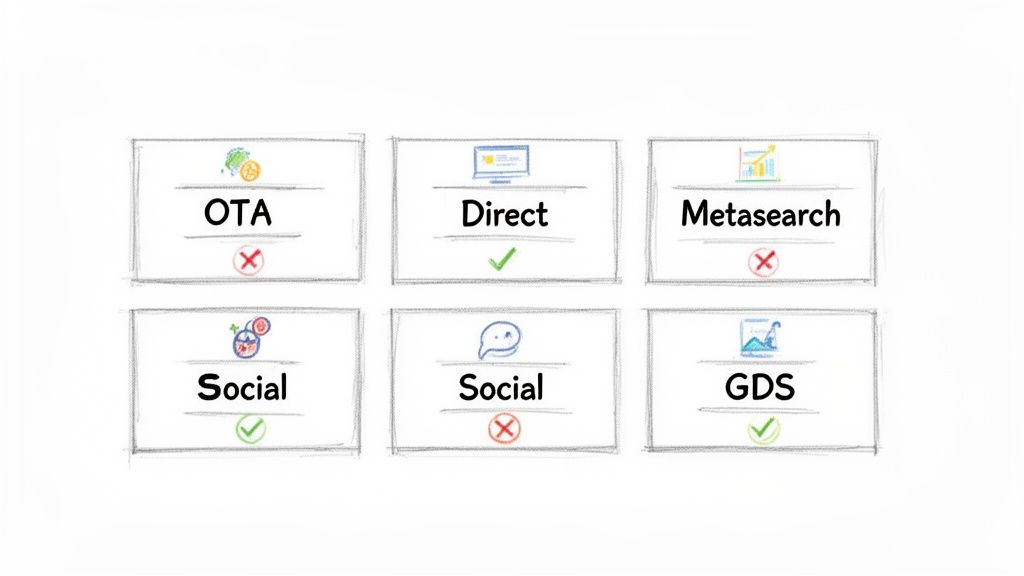 Six cards illustrating online distribution channels with icons, names, and status (check or cross).