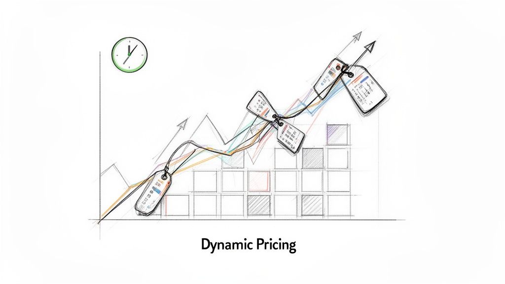 A hand-drawn graph shows price tags illustrating dynamic pricing strategies increasing over time.