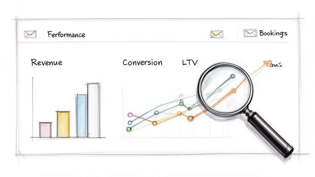A hand-drawn sketch of a business dashboard displaying revenue, conversion, and LTV performance metrics.