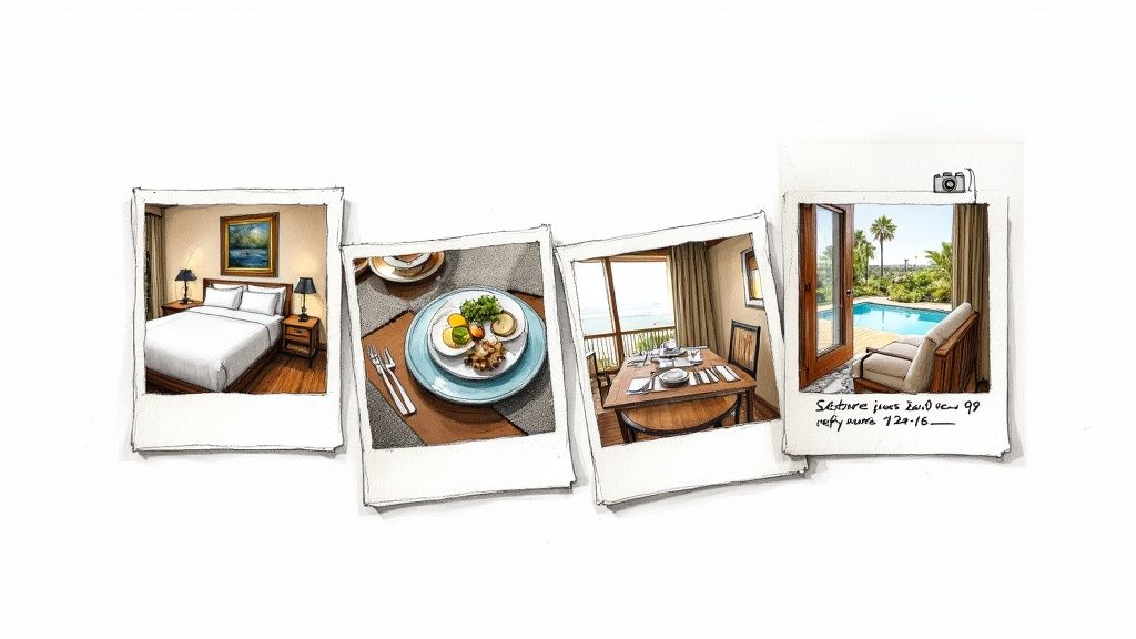 Polaroid-style illustrations of a room, breakfast, dining area, and poolside patio.