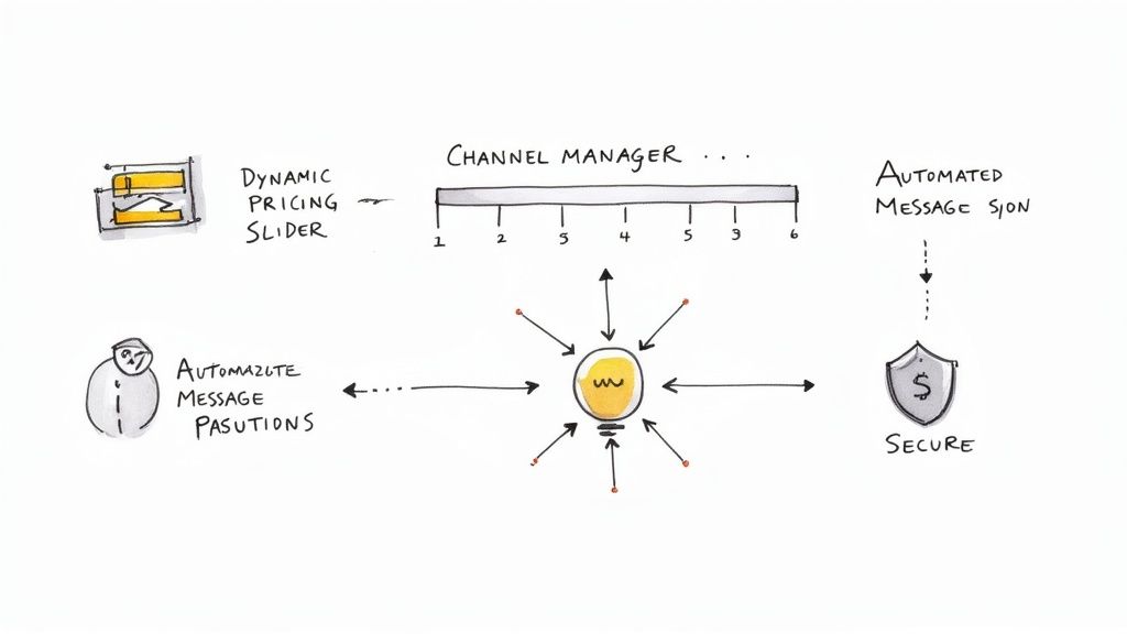 A clean dashboard interface for a booking engine, showing calendar, pricing, and guest messages.