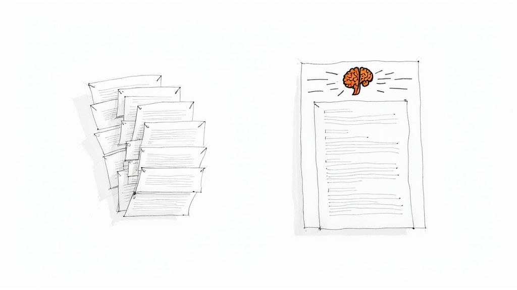 An illustration showing AI and data flowing into a template to create smart, dynamic content pages.