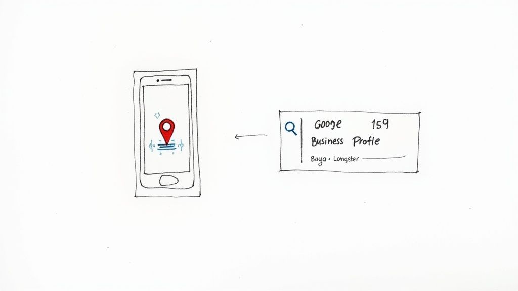 A person optimizing a website on a laptop with local map pins in the background.