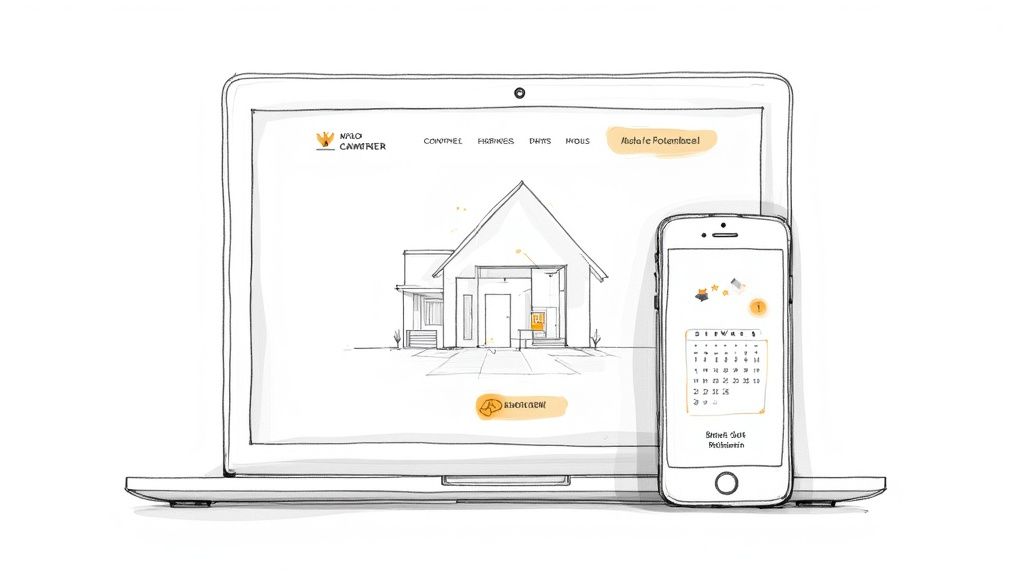 A modern, clean vacation rental website shown on a laptop screen, with high-quality photos of the property.