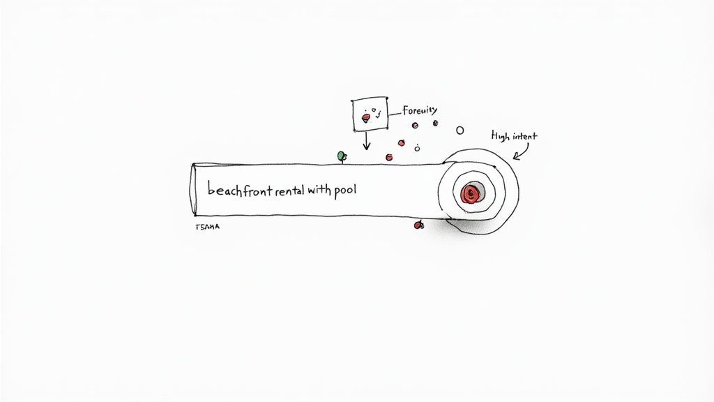 Hand-drawn diagram showing a search query for 'beachfront rental with pool' leading to high intent, influenced by 'Foreuity'.