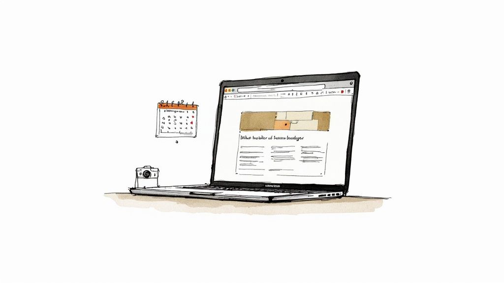 A laptop showing a website builder interface with a scenic vacation rental in the background.