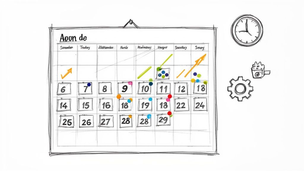 Hand-drawn calendar with colorful event markers, progress arrows, clock, and planning icons.