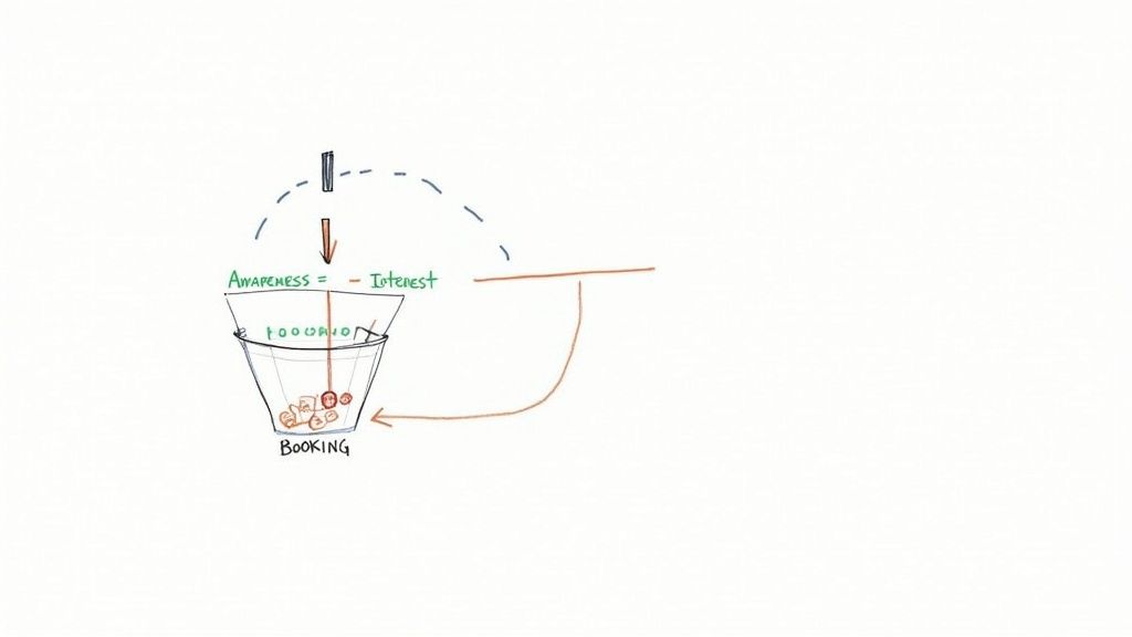 Hand-drawn marketing funnel diagram showing awareness leading to booking, with a feedback loop.