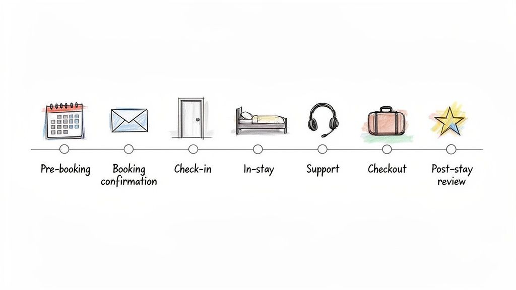 A linear timeline showing the guest journey from pre-booking to post-stay review with various icons.