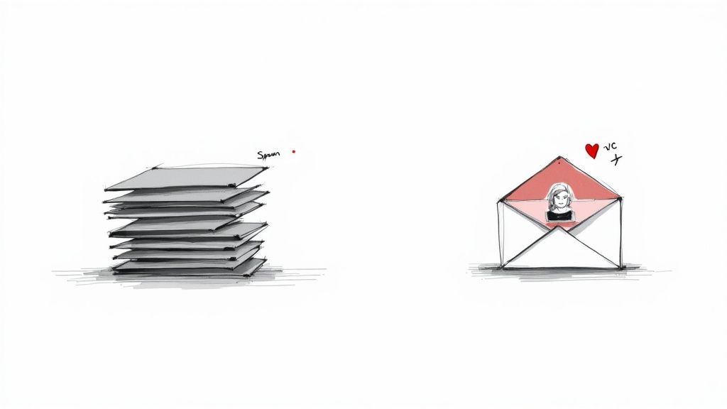 Illustration contrasting a large stack of spam emails with a single valuable VC email featuring a person.