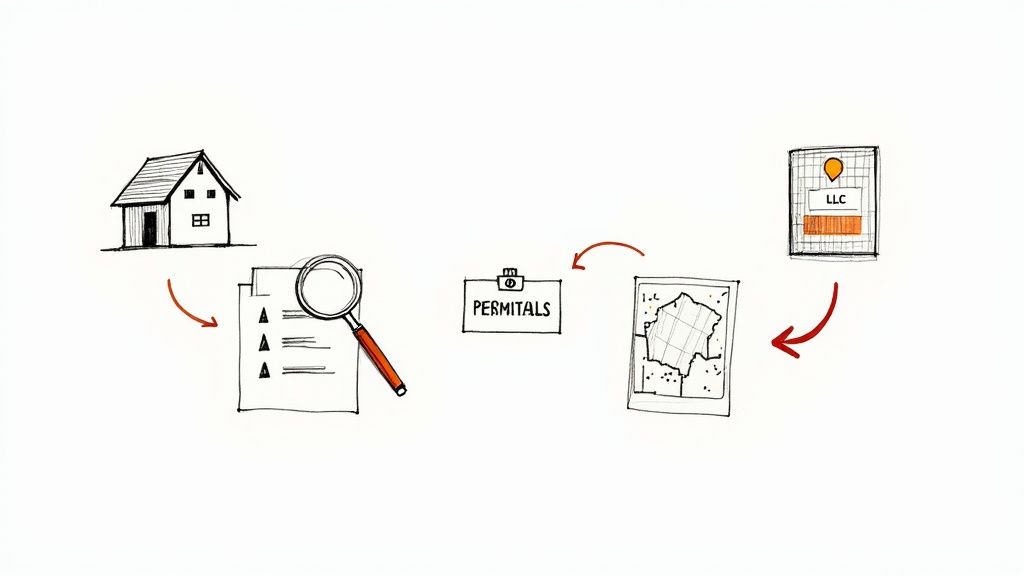 Diagram illustrating the process of starting a vacation rental business, from property research to permits and LLC.