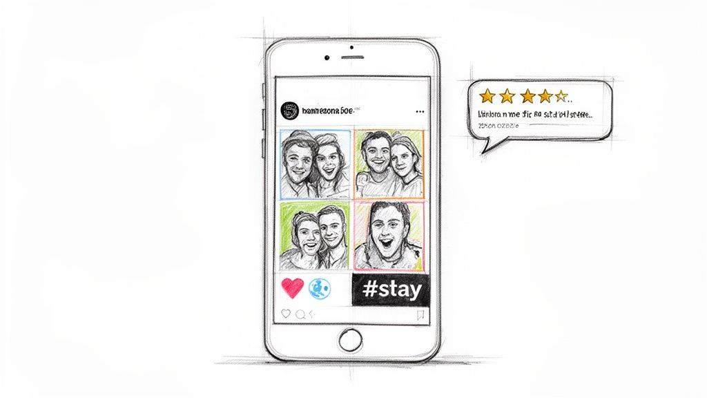 A sketch of a smartphone displaying an Instagram feed with multiple photos, social media icons, and a review bubble with five stars.