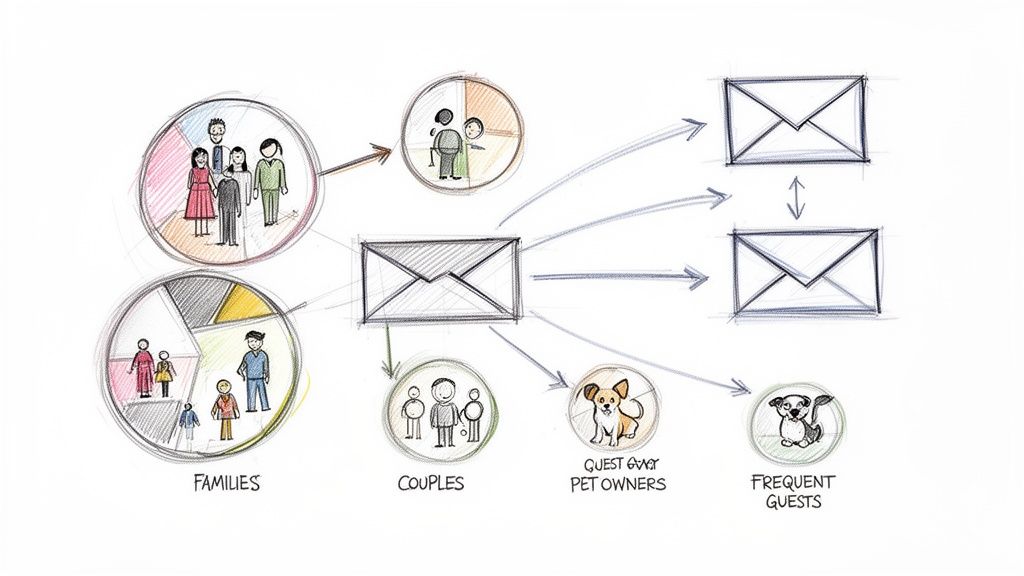 Diagram showing email marketing segmentation, targeting different customer groups like families, couples, pet owners, and frequent guests.