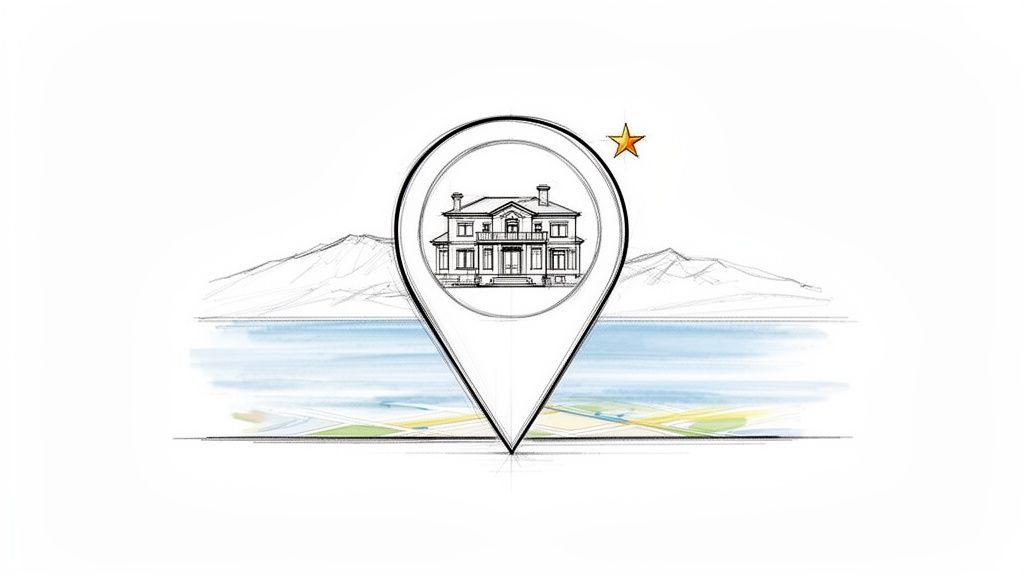 A detailed sketch of a map pin highlighting a large house within a beautiful landscape.