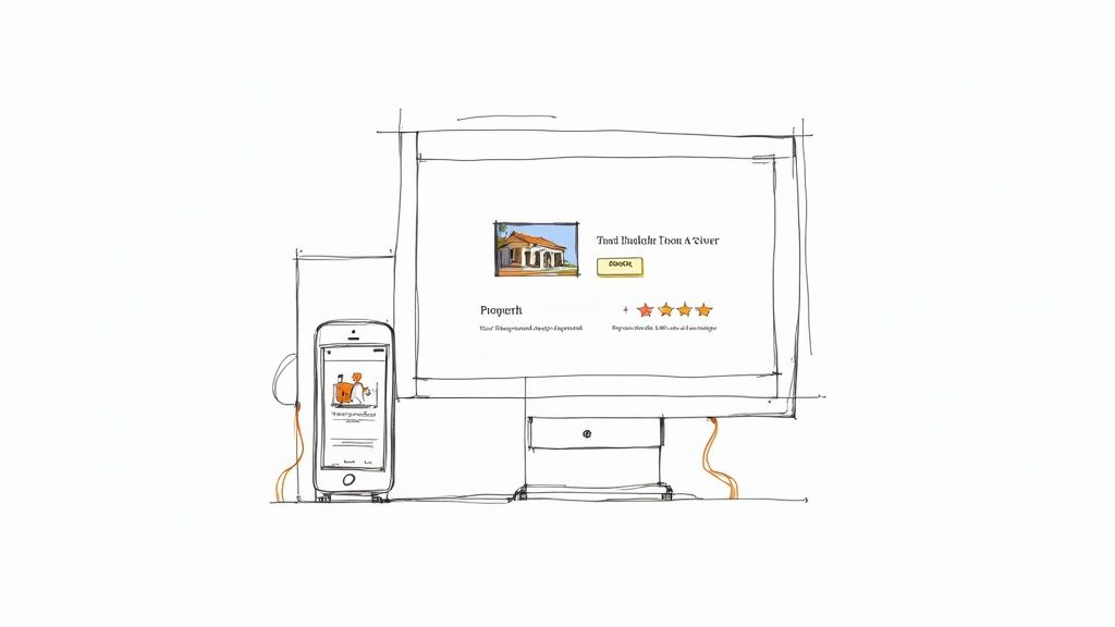 Sketch of a desktop monitor showing a vacation rental listing with a connected smartphone.