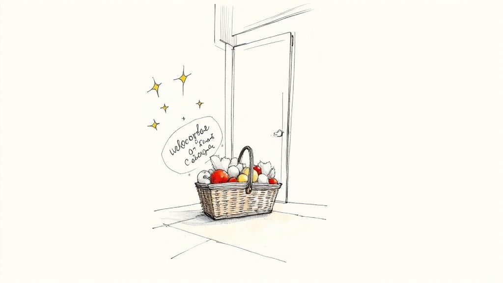Hand-drawn sketch of a wicker basket overflowing with fresh fruits and vegetables by an open door, with sparkling stars.