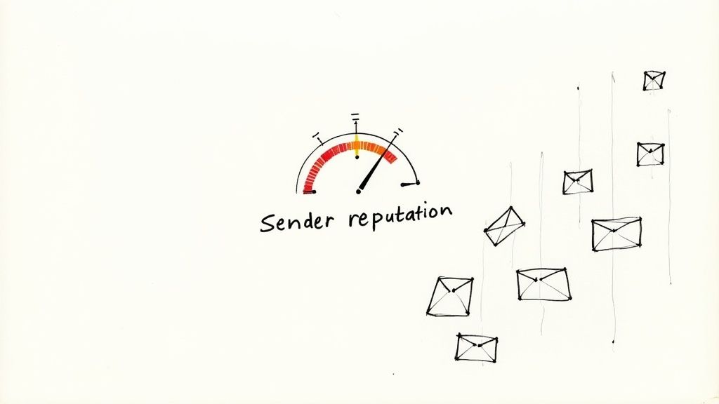 Hand-drawn illustration showing a sender reputation gauge and emails flowing upwards, indicating good delivery.