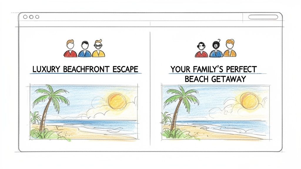 Two marketing messages compared on a website for a beach getaway, illustrating A/B testing.