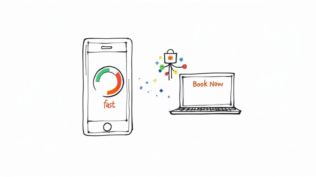 Whiteboard sketch illustrating quick online booking via a smartphone application and a laptop.