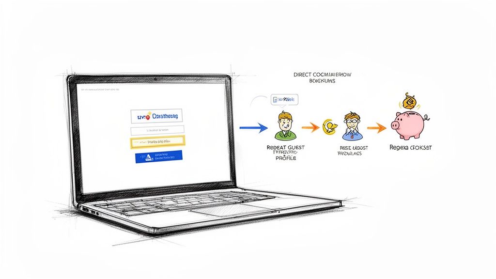 A diagram shows a laptop with a login screen leading to a workflow of guest profiles and bookings.