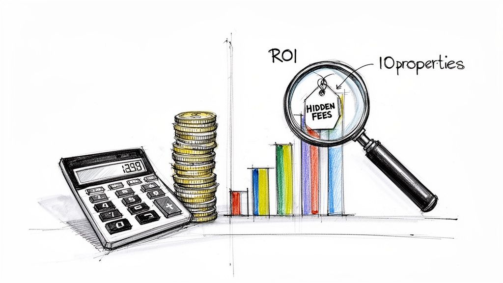 A calculator, stack of coins, bar chart, and magnifying glass highlighting hidden fees for property ROI.