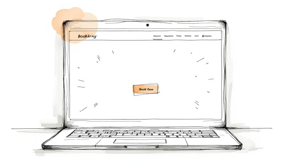 A laptop showing a clean and modern direct booking website for a short-term rental.