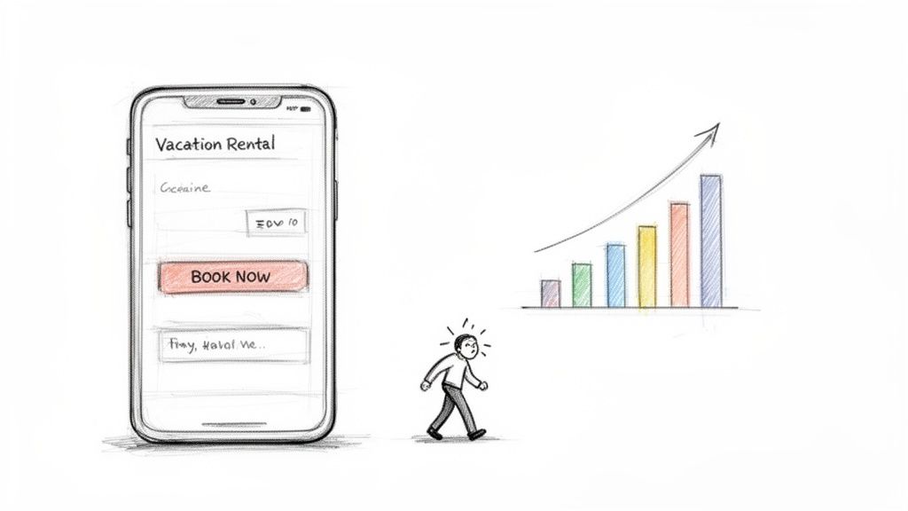 A hand-drawn sketch showing a vacation rental app on a smartphone, a thoughtful person, and a rising bar chart.