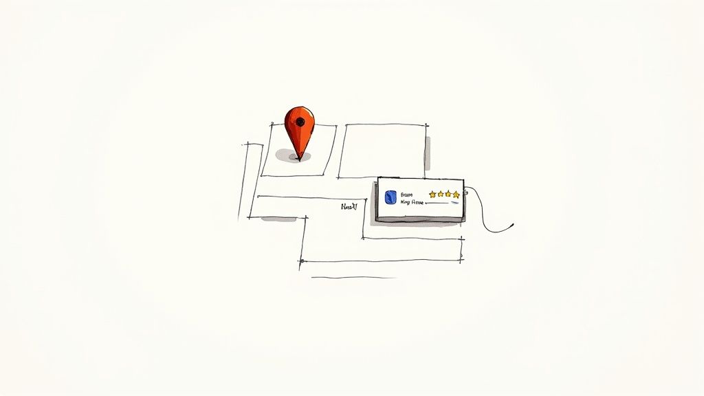 A hand-drawn map sketch with a red location pin and a review box showing 'Gravo' with three stars.