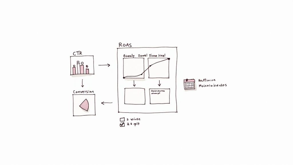A marketing diagram showing CTR, Conversion, and ROAS with data analysis charts and a calendar for scheduling.